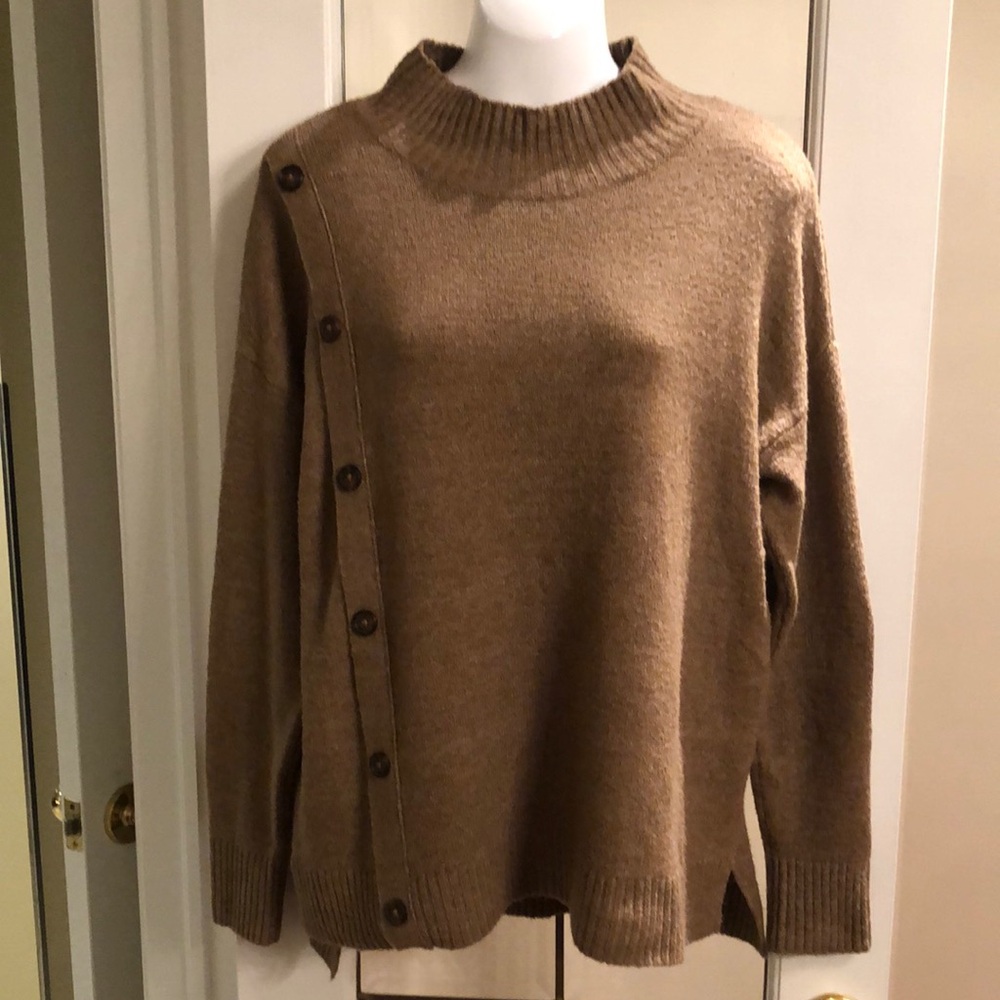 Women's Button-Trim Mock Neck Sweater in Camel